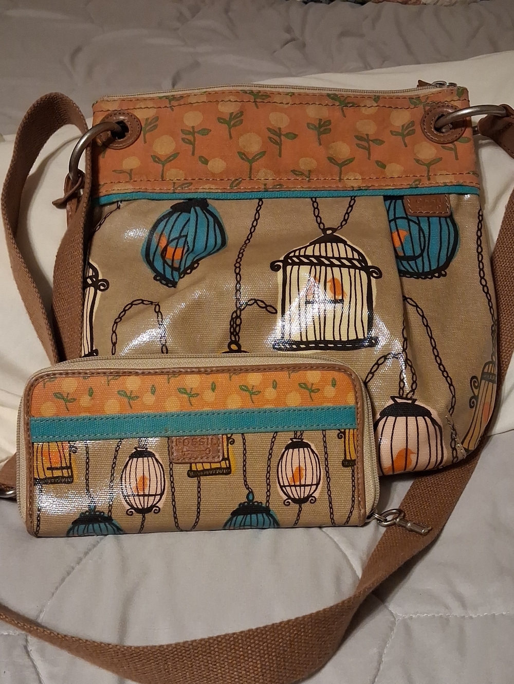 Fossil Leather And Canvas Crossbody Bag and Wallet Set in Tan with Teal Accents